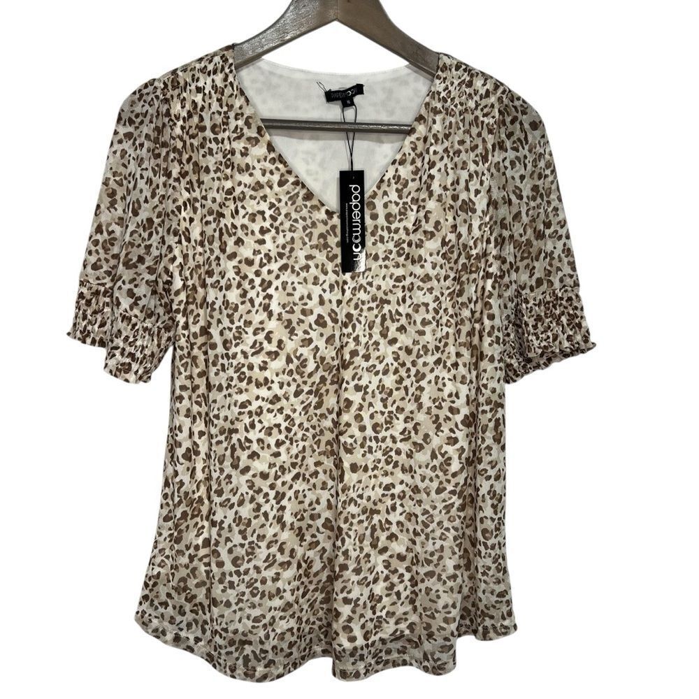 NWT Stitch Fix Papermoon Leopard Print Mesh Puff Sleeve Top size Medium V-Neck
